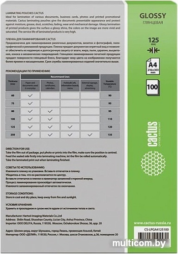 Пленка для ламинирования CACTUS глянцевая A4, 125 мкм, 100 л