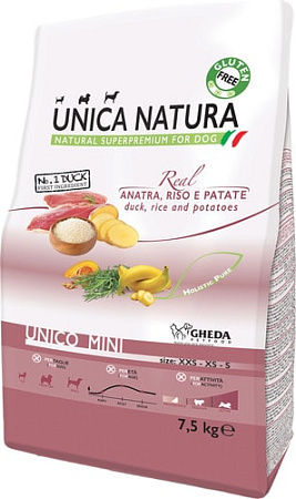 Сухой корм для собак Unica Natura Unico Mini с уткой, рисом и картофелем 7.5 кг