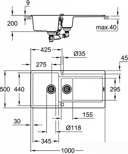 Кухонная мойка Grohe K500 60-C 100/50 1.5 31646AT0 (серый гранит)