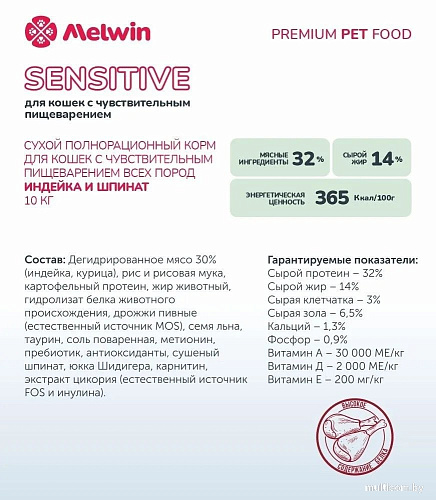 Сухой корм для кошек Melwin для кошек с чувствительным пищеварением индейка и шпинат (2.5кг)