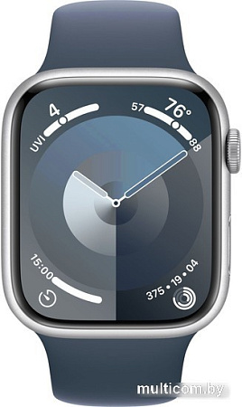 Умные часы Apple Watch Series 9 45 мм (алюминиевый корпус, серебристый/грозовой синий, спортивный силиконовый ремешок S/M)