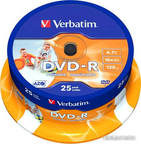 DVD-R диск Verbatim Wide Inkjet Printable 4.7Gb 16x 43538 (CakeBox, 25 шт.)