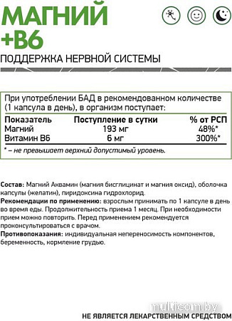 Витамины, минералы NaturalSupp Магний + В6 (Magnesium + B6), 60 капсул