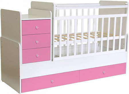 Кроватка-трансформер Polini Kids Simple 1111 с комодом (белый/розовый)