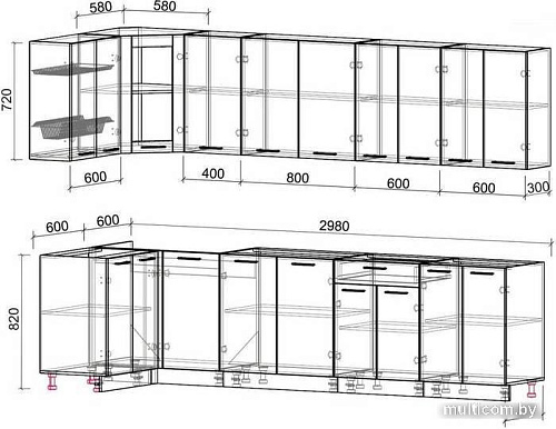 Готовая кухня Интерлиния Мила 12x30 без столешницы (дуб белый/дуб серый)