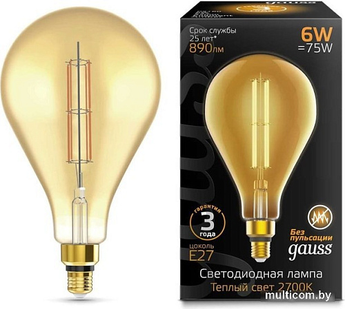 Светодиодная лампочка Gauss Filament PS160 E27 6W 890lm 2700K golden straight 179802118