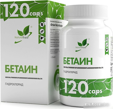 Витамины, минералы NaturalSupp Бетаин Гидрохлорид (Betaine HCL), 600 мг, 120 капсул