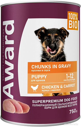 Консервированный корм для собак Award Puppy Кусочки с курицей и морковью 2540393 750 г