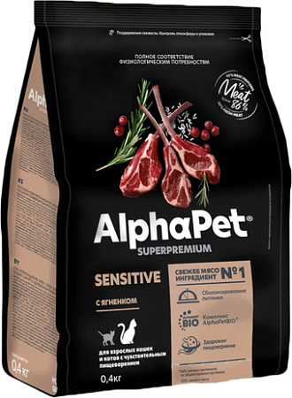 Сухой корм для кошек AlphaPet Superpremium Sensitive с ягненком 400 г