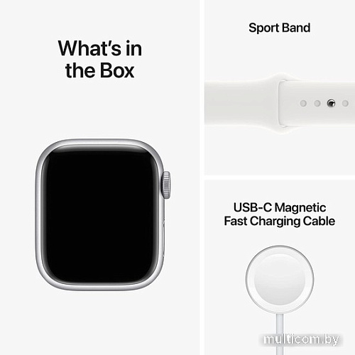 Умные часы Apple Watch Series 8 41 мм (алюминиевый корпус, серебристый/белый, спортивный силиконовый ремешок)