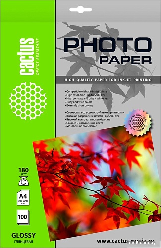 Фотобумага CACTUS Глянцевая A4 180 г/кв.м. 100 листов CS-GA4180100
