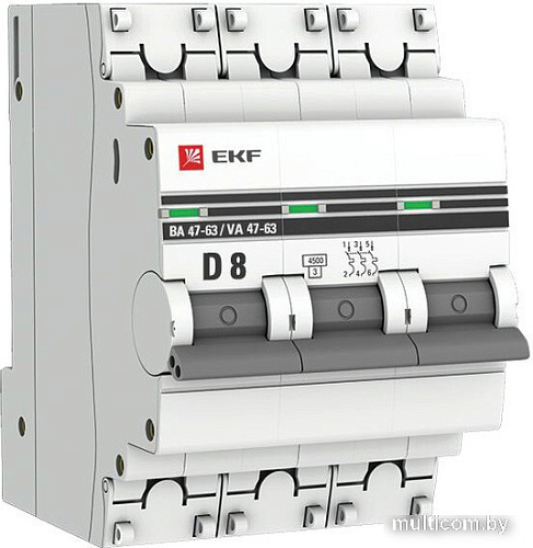 Выключатель автоматический EKF 3P 8А (D) 4.5kA ВА 47-63 mcb4763-3-08D-pro