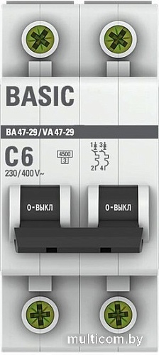 Выключатель автоматический EKF ВА 47-29 2P 6A (C) 4.5кА mcb4729-2-06C