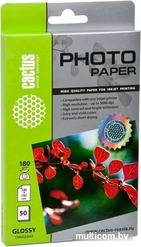 Фотобумага CACTUS Глянцевый A6 180 г/м2 50 листов (CS-GA618050)