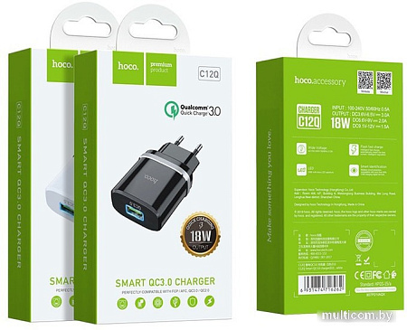 Сетевое зарядное Hoco C12Q Smart (белый)