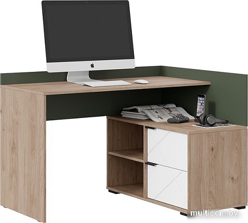 Стол Трия Лео угловой (гикори джексон/белый матовый/дымчатый зеленый)