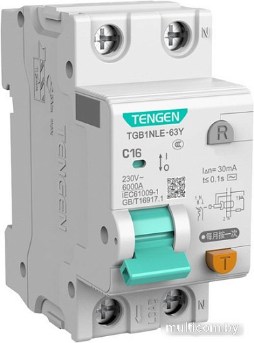 Дифференциальный автомат Tengen TGB1NLE-63Y 1P+N 16A C 6kA 30mA AC 2M TEN312171
