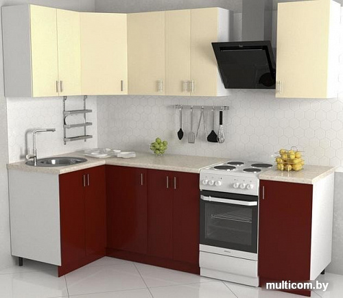 Угловая кухня Хоум Лайн Кристалл 1200х1900 угловой (бургундский глянец/ванильный глянец)