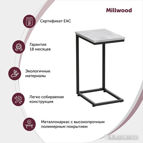 Приставной столик Millwood ART-1.1 L (бетон миллениум/металл черный)