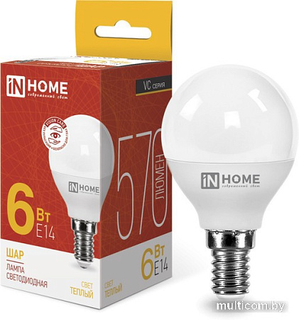 Светодиодная лампочка In Home LED-Шар-VC 6Вт 230В Е14 3000К 570Лм 4690612020501