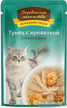 Консервированный корм для кошек Деревенские лакомства Тунец с креветкой в желе 70 г