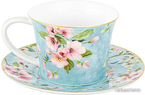 Чашка с блюдцем Elan Gallery Яблоневый цвет на голубом 420439