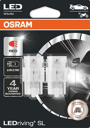 Светодиодная лампа Osram W21W LEDriving Red 2шт
