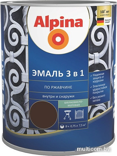 Эмаль Alpina Эмаль 3 в 1 по ржавчине (шоколадный, шелковисто-матовая, 0.75 л)