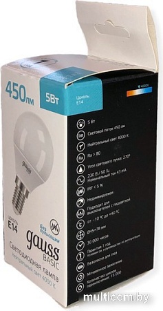Светодиодная лампочка Gauss Elementary Basic E14 5W 4000K G45 10501252