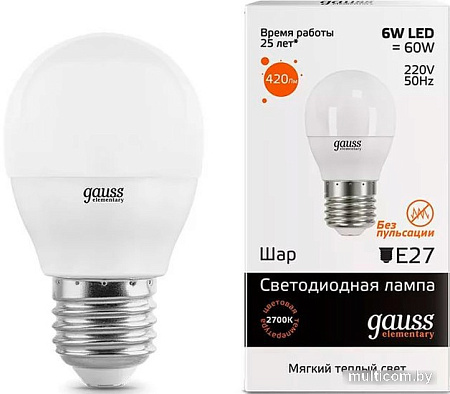 Светодиодная лампа Gauss Elementary E27 6Вт 2700К [53216]