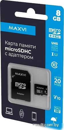 Карта памяти Maxvi microSDHC 8GB MSD8GBC10V10 (с адаптером)