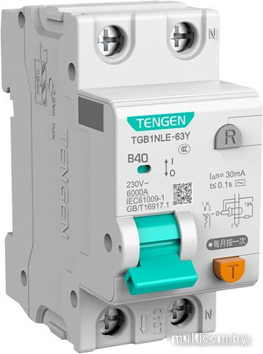 Дифференциальный автомат Tengen TGB1NLE-63Y 1P+N 40A B 6kA 30mA AC 2M TEN312116