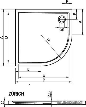 Душевой поддон Riho Zurich закругленный 90x90 [DA88]