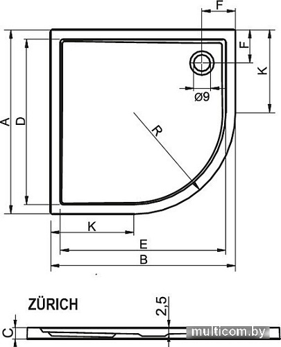 Душевой поддон Riho Zurich закругленный 90x90 [DA88]