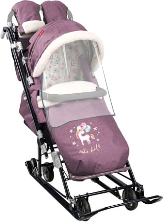 Санки-коляска Nika НД7-8К/6 (вересковый рисунок с единорогом)