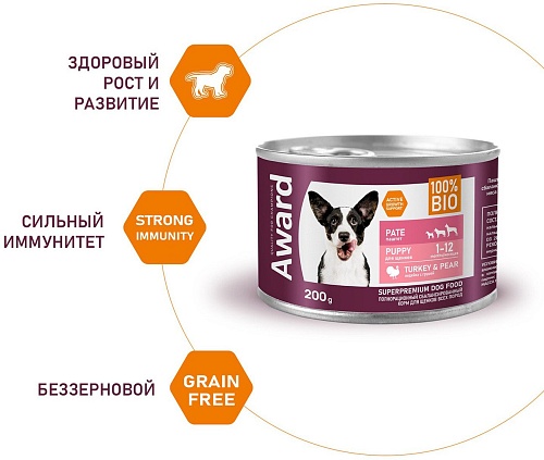 Консервированный корм для собак Award Puppy Small Паштет из индейки с грушей 2540317 200 г