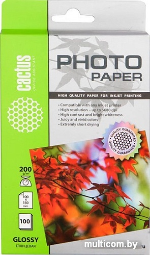 Фотобумага CACTUS Глянцевая A6 200 г/кв.м. 100 листов (CS-GA6200100)