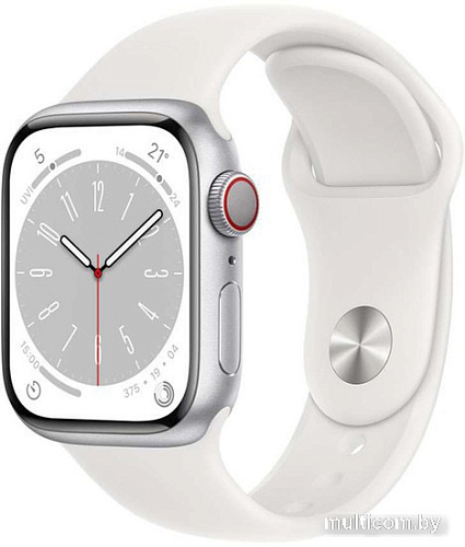 Apple Watch Series 8 LTE 45 мм (алюминиевый корпус, серебристый/белый, спортивный силиконовый ремешок)