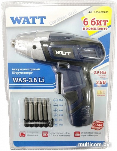 Электроотвертка WATT WAS-3.6Li 2019 (в блистере)