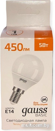 Светодиодная лампочка Gauss Elementary Basic E14 5W 3000K G45 10501152