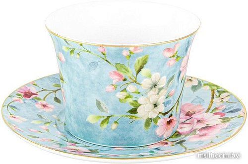 Чашка с блюдцем Elan Gallery Яблоневый цвет на голубом 420439