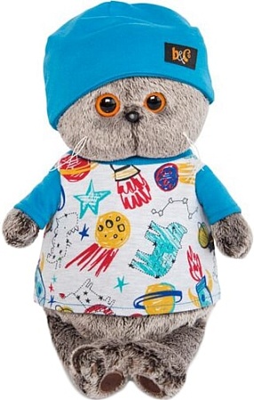 Классическая игрушка Basik & Co Басик в футболке космос и в шапочке (25 см)