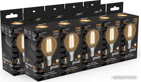 Светодиодная лампочка Gauss Filament Шар 13W 1100lm 2700К Е14 LED 1/10/50 105801113
