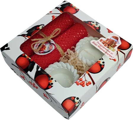 Подарочный набор Вендитио Ozarich Снегири Новогодний с 2-мя свечами и подсвечниками (красный)