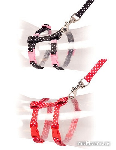 Шлея с поводком Duvo Plus Белые точки 11218/DV (красный/черный)