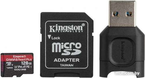 Карта памяти Kingston Canvas React Plus microSDXC 128GB (с адаптером и кардридером)