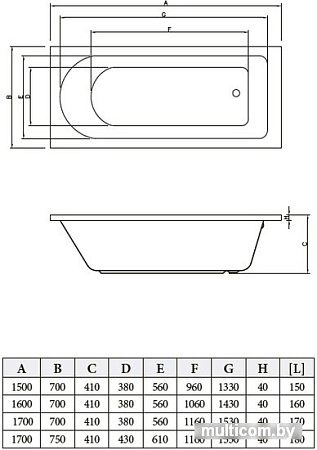 Ванна Bonito Home Elara 170x75 BH-EL-203-170-75/St (с ножками)