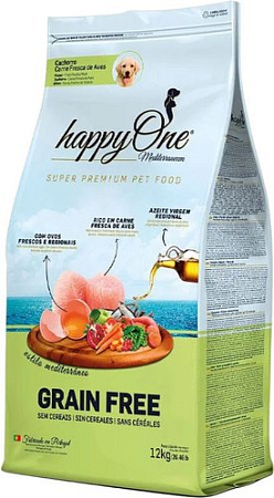 Сухой корм для собак HappyOne Mediterraneum беззерновой со свежим яйцом и свежим мясом птицы 12 кг