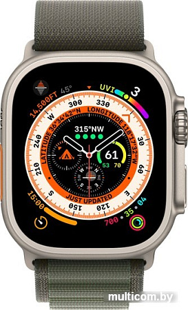 Профессиональные умные часы Apple Watch Ultra LTE 49 мм (титановый корпус, титановый/темно-зеленый, текстильный ремешок размера L)