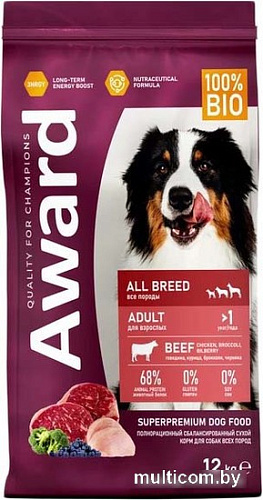 Сухой корм для собак Award Adult All Breed для всех пород с говядиной, курицей с добавлением брокколи и черники 12 кг
